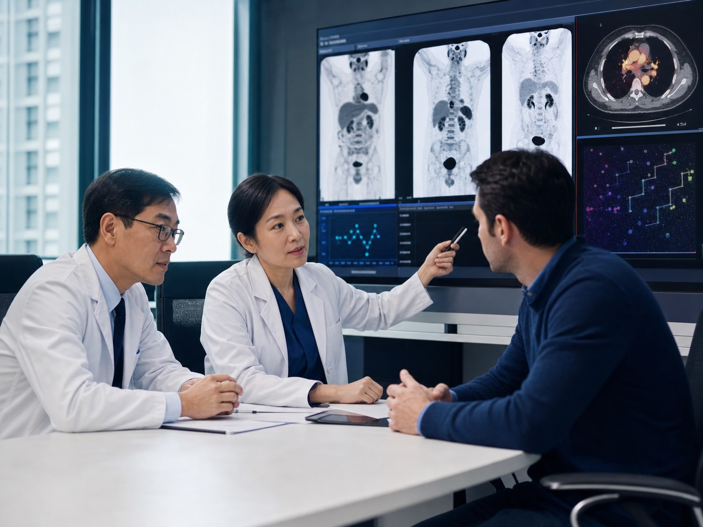 Oncology specialist reviewing medical imaging for an advanced therapy assessment